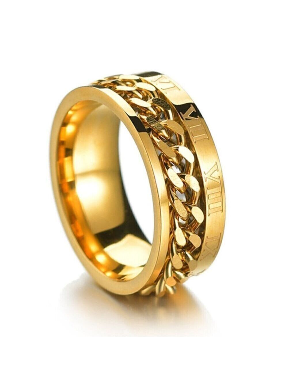 18K Gold Plated Stainless Steel Roman Numeral Spinning Cuban Link Ring, Unisex